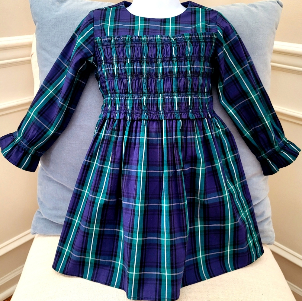 New! J Crew sz 4 Girls Smocked Blackwatch Tartan Plaid Green Navy Dress NWT